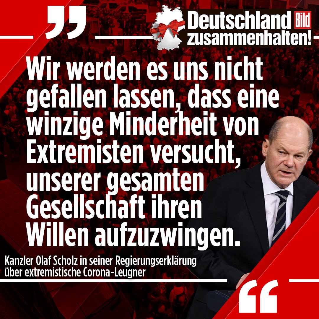 BILD's tweet photo. #Scholz macht #Corona-Leugnern in seiner #Regierungserklärung eine klare Ansage. Bei #BILDLive kannst du die Rede des Kanzlers verfolgen. #DeutschlandZusammenhalten https://t.co/dKkeN4db0w