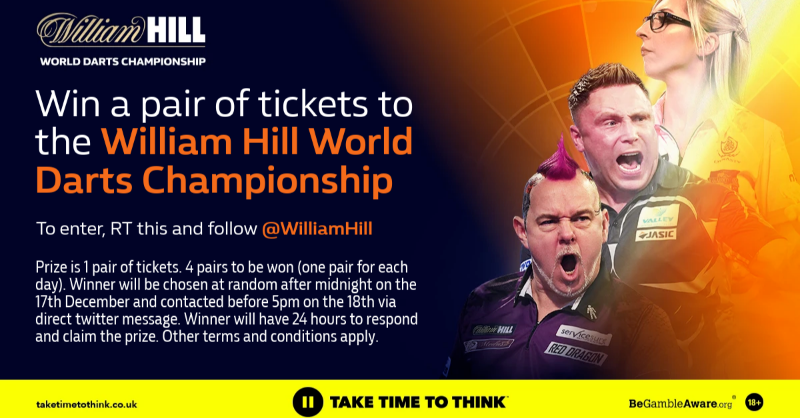 WilliamHill's tweet photo. 💥 Win two tickets to the William Hill Darts World Championship on the 22nd-28th December 💥

To enter:

👍 Follow @WilliamHill
🔁 RT this post

The prize draw will run from midday on 15/12 until midday on 17/12

Terms and conditions apply 👉 https://t.co/gGf5C6UKsh https://t.co/RURYRw8cdS