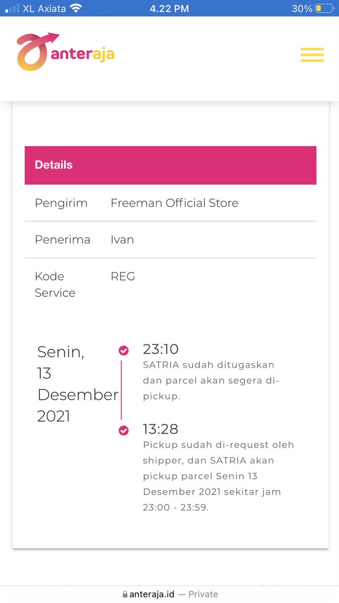 IvanAnggono13's tweet photo. @anteraja_id Halo min, sudah 5 jam dari respon sebelumnya masih belum ada perubahan min, bagaimana statusnya ya? Terima kasih https://t.co/V48Cn5U9I0