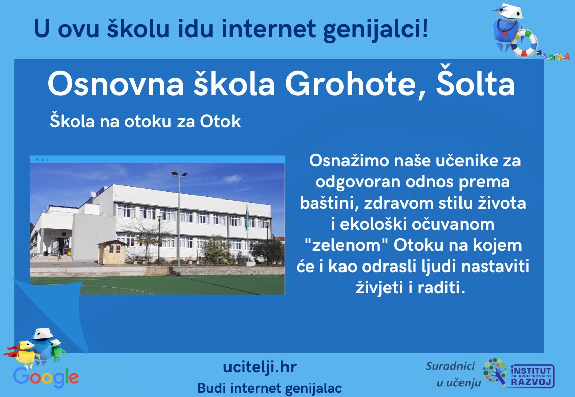 ucitelji_hr's tweet photo. OŠ Grohote, jedina škola na otoku Šolti,svojim internet genijalcima pruža priliku da izađu izvan okvira života na otoku, ali i da vrijednosti i specifičnosti svog otoka podijele s drugima. #UciteljiHR #BudiInternetGenijalac #BeInternetAwesome @GoogleForEdu https://t.co/OTBxrT6yzW https://t.co/O1aEG9696u