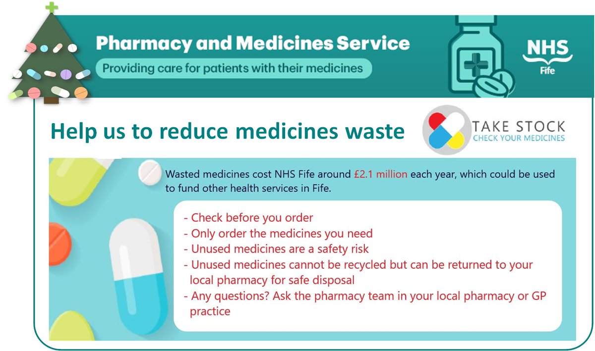 nhsfifepharmacy's tweet photo. Fife Pharmacy's 12 Tweets of Christmas 2021 - 12 days, 12 tweets! Day 5 - Take Stock this Christmas and help to reduce medicines waste https://t.co/qVVeKiPVFG