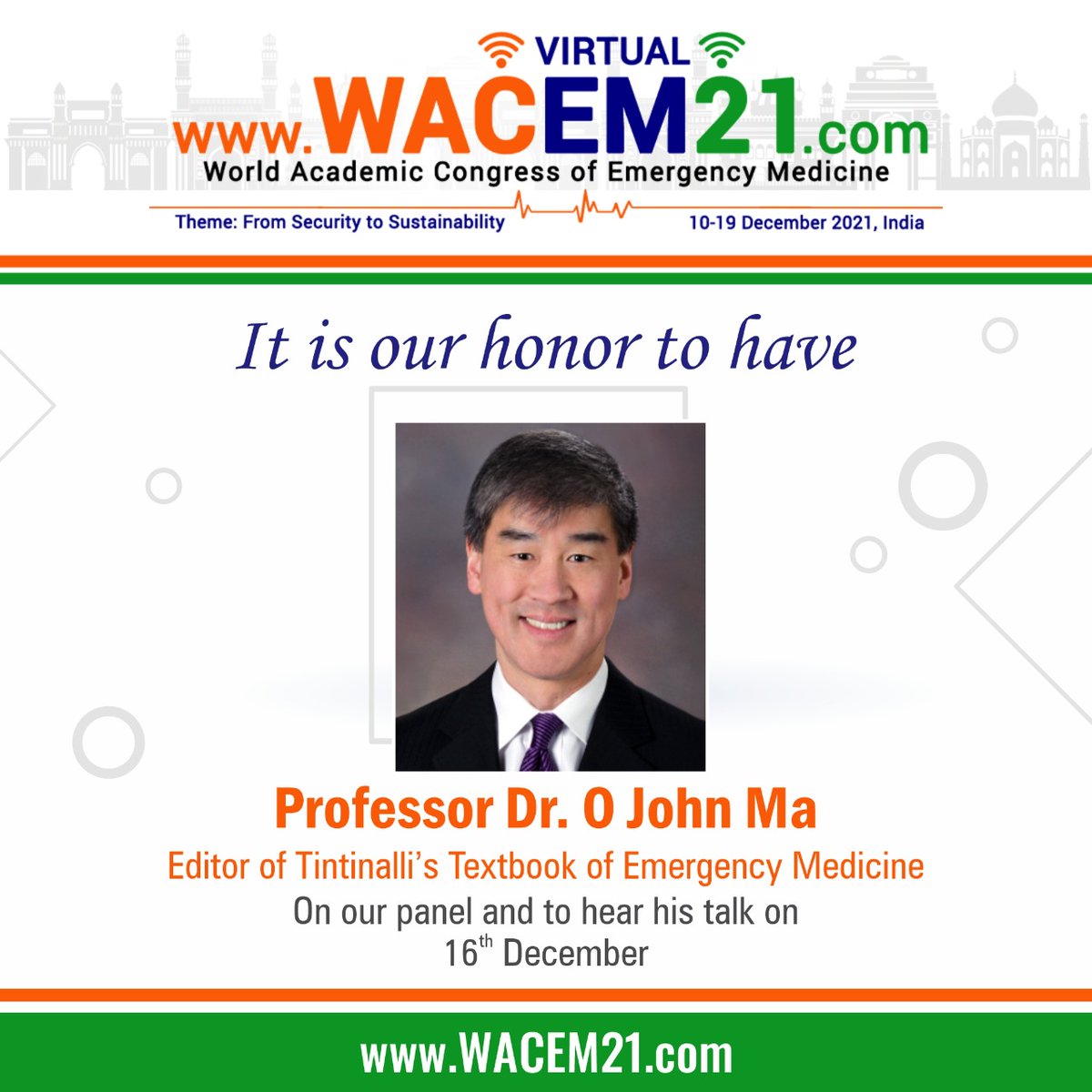 wacem21's tweet photo. Our Star Speaker is here...!
It is our honor to have Professor Dr. O John Ma on our panel.
He is going to speak on 16th December.
Hope you are attending...see you there.
@OJohnMa1
#EMINDIA2021 #EMINDIA #NationalConference
#Medicine #EmergencyCare #Care https://t.co/oTgM1YDLI9