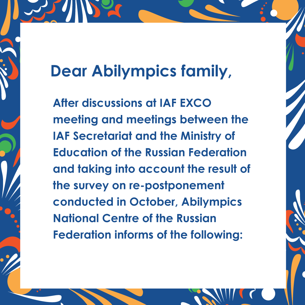 abilympics_rus's tweet photo. Abilympics National Centre of the Russian Federation informs of the following

#XInternationalAbilympics #XInternationalAbilympicsRussia #XIARussia #Russia #Moscow #Abilympics #AbilympicsRussia #XIA_News https://t.co/kafk2AbCHT