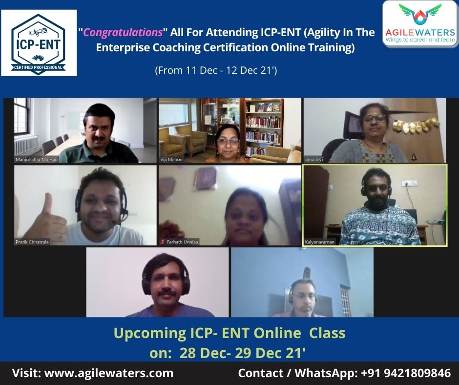 AgilewatersCo's tweet photo. "Congratulations" All For Attending ICP-ENT (Agility In The Enterprise Coaching ) Certification Online Training.

Our Upcoming ICP-ENT Online Training: 28 Dec -29 Dec 21'( 9.30AM -6.00PM -IST)
Registration: https://t.co/tfcu8PzCDo
Contact :+ 91 9421809846
 
#agile #agilecoach https://t.co/N3AaC1fmbq
