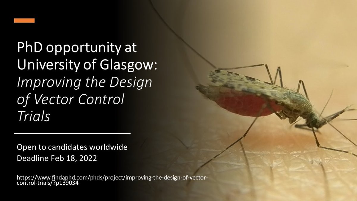 📢PhD Opportunity: Are you interested in quantitative analyses and eliminating #malaria?  Apply for our PhD on Improving the Design of Vector Control Trials. Co-supervised by me,<a href="/paulcdjo/">Paul Johnson</a>, Alex McConnachie &amp; Sam Kiware <a href="/ifakarahealth/">Ifakara Health Institute</a>. Please share!  ⬇️
findaphd.com/phds/project/i…