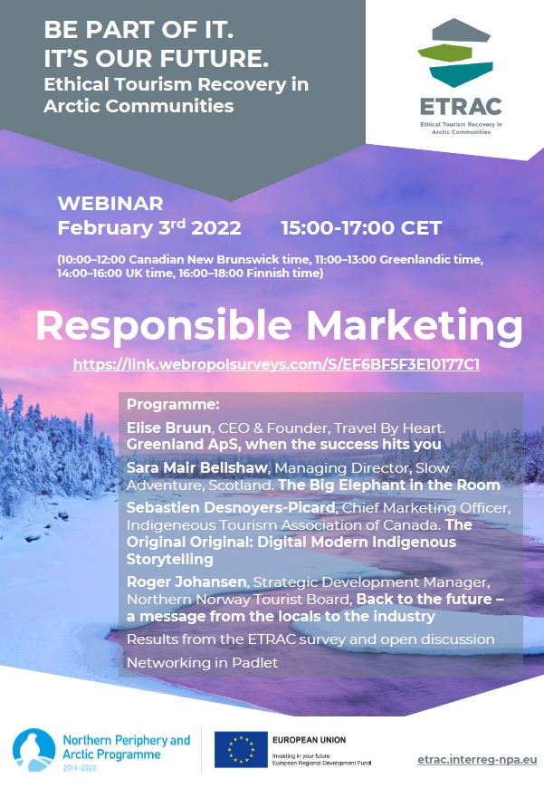 crtrUHI's tweet photo. The series of #ETRACNPA continues with our second instalment looking at examples of responsible marketing within the ethical tourism concept.
Thursday February 3rd 15:00-17:00 CET
Please register your interest at- https://t.co/5xDIrEoB66 https://t.co/a34TM5pCOr
