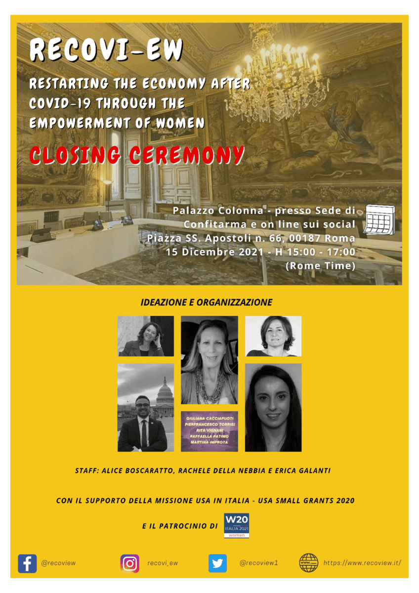 federturismo's tweet photo. Oggi #15dicembre dalle ore 15.00 potete seguire la Cerimonia di Chiusura del programma #Recoview - #Restarting the Economy After Covid-19 through the #Empowerment of the Women, svoltosi con il supporto di @AmbasciataUSA e patrocinato da @w20org.
🔗https://t.co/t5doz8gTcY https://t.co/GNiv6rpJOL