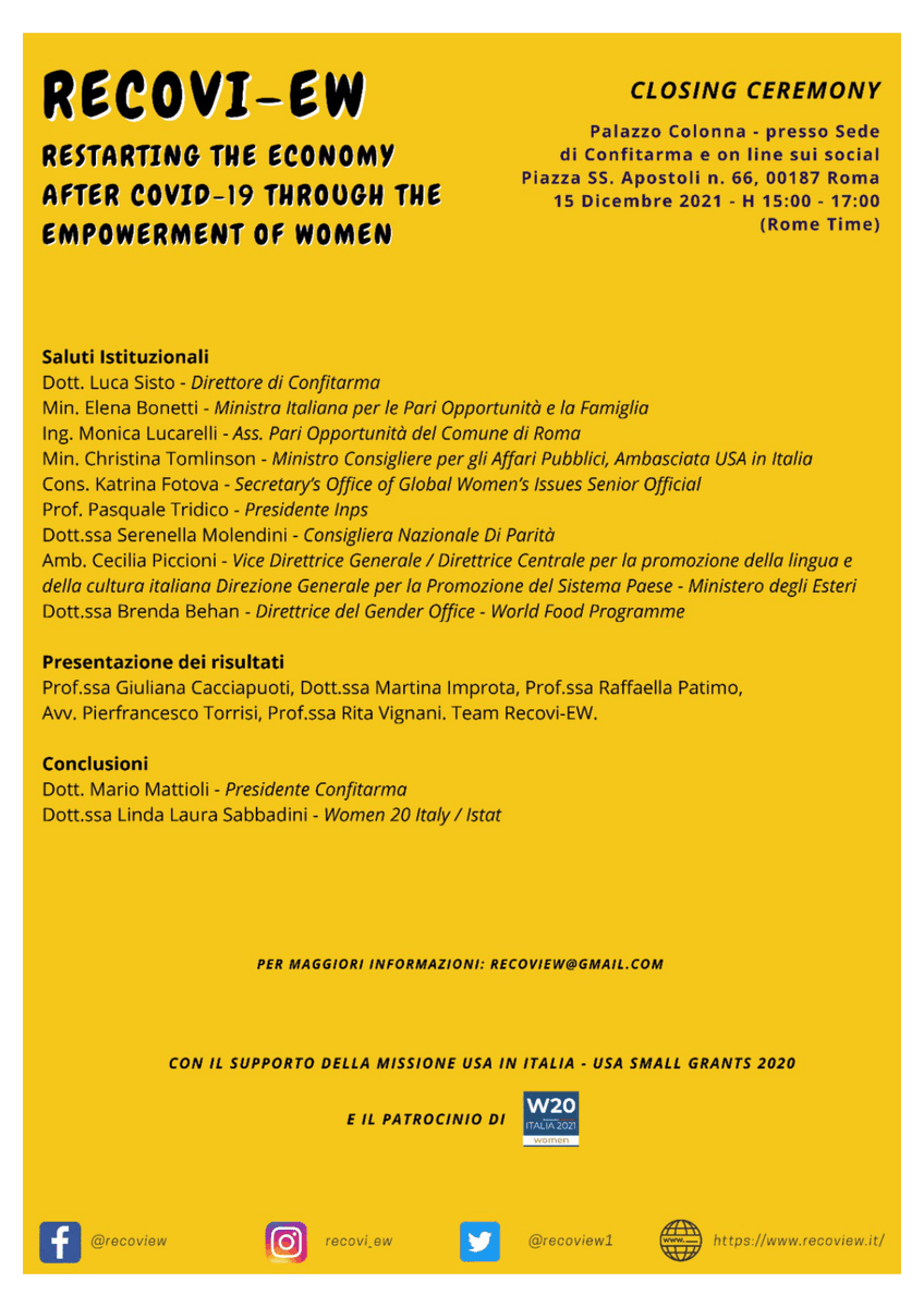 federturismo's tweet photo. Oggi #15dicembre dalle ore 15.00 potete seguire la Cerimonia di Chiusura del programma #Recoview - #Restarting the Economy After Covid-19 through the #Empowerment of the Women, svoltosi con il supporto di @AmbasciataUSA e patrocinato da @w20org.
🔗https://t.co/t5doz8gTcY https://t.co/GNiv6rpJOL