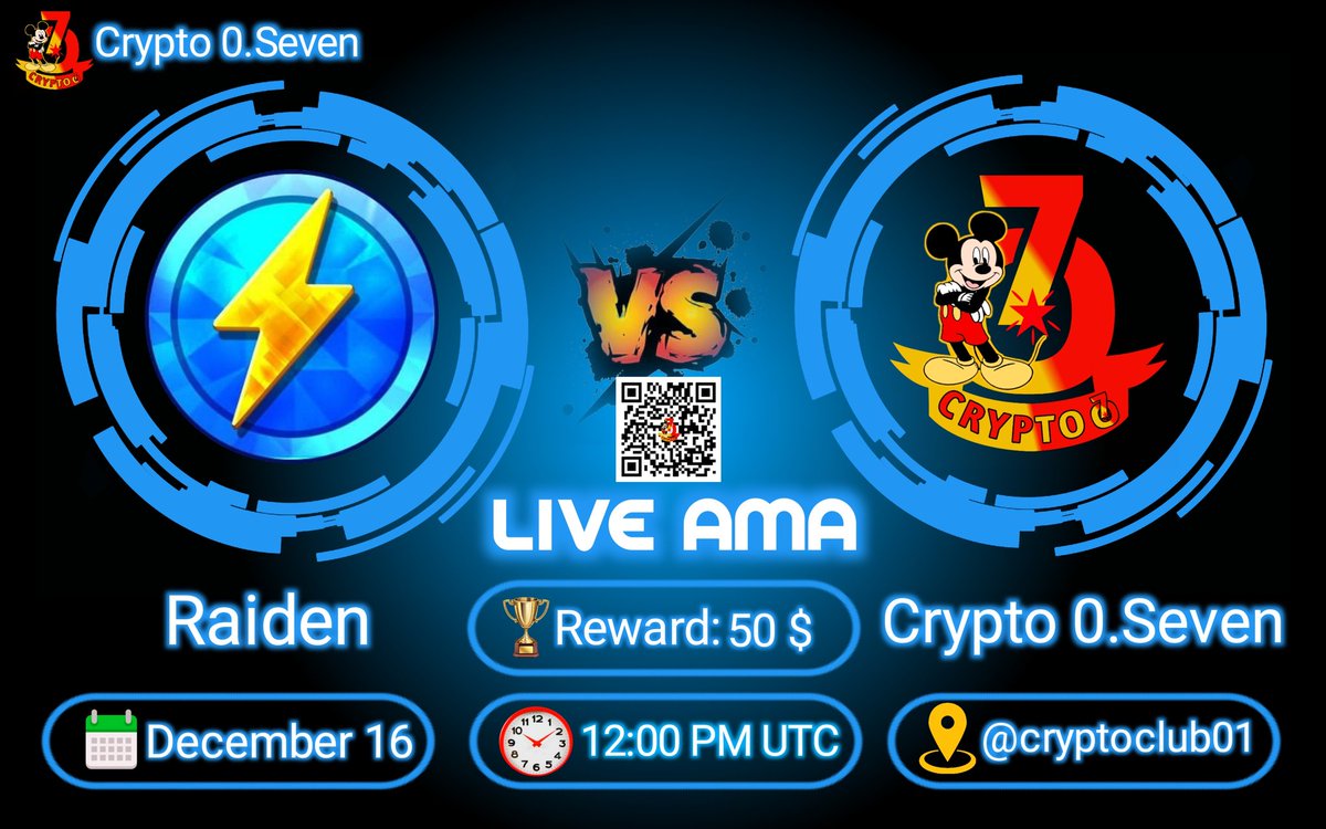 cryptocclub01's tweet photo. 🚨 RAIDEN #AMA, hosted by Crypto 0. Seven

🏰Venue: https://t.co/cXxgn43Qb3
⏰Time: December 16,  12 PM UTC
💰Reward: 50$

✍️Rules:
1️⃣ FOLLOWING @RaidenApp @Cryptocclub01
2️⃣ https://t.co/yV3vOwaimQ (MUST)
3️⃣Like, RT, Tag 3 Friends ( MUST ) https://t.co/sP0Ew8sXqZ