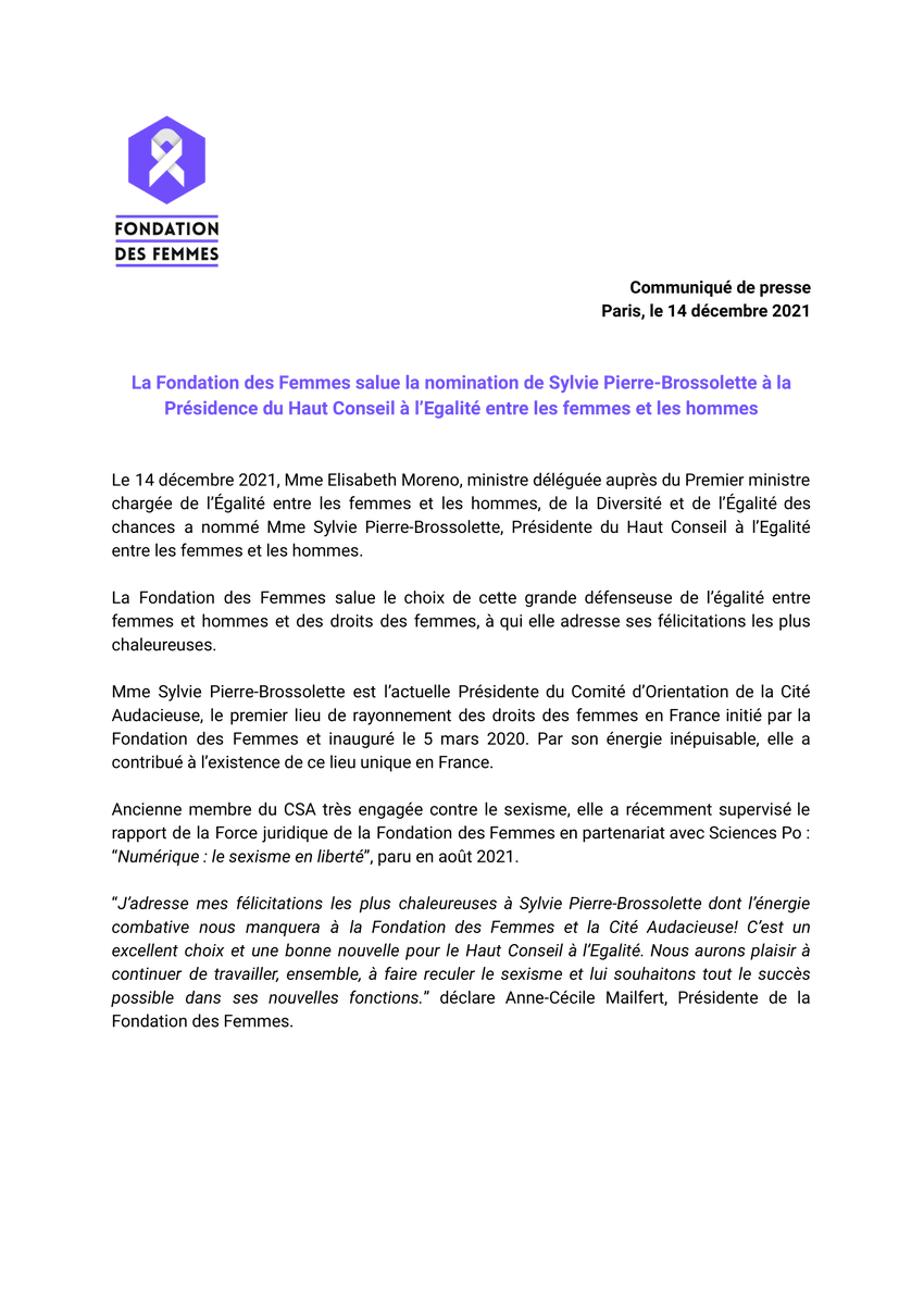 Fondationfemmes's tweet image. La Fondation des Femmes salue la nomination de @SPBrossolette à la Présidence du Haut Conseil à l'Egalité entre les femmes et les hommes @HCEfh 👏👏👏