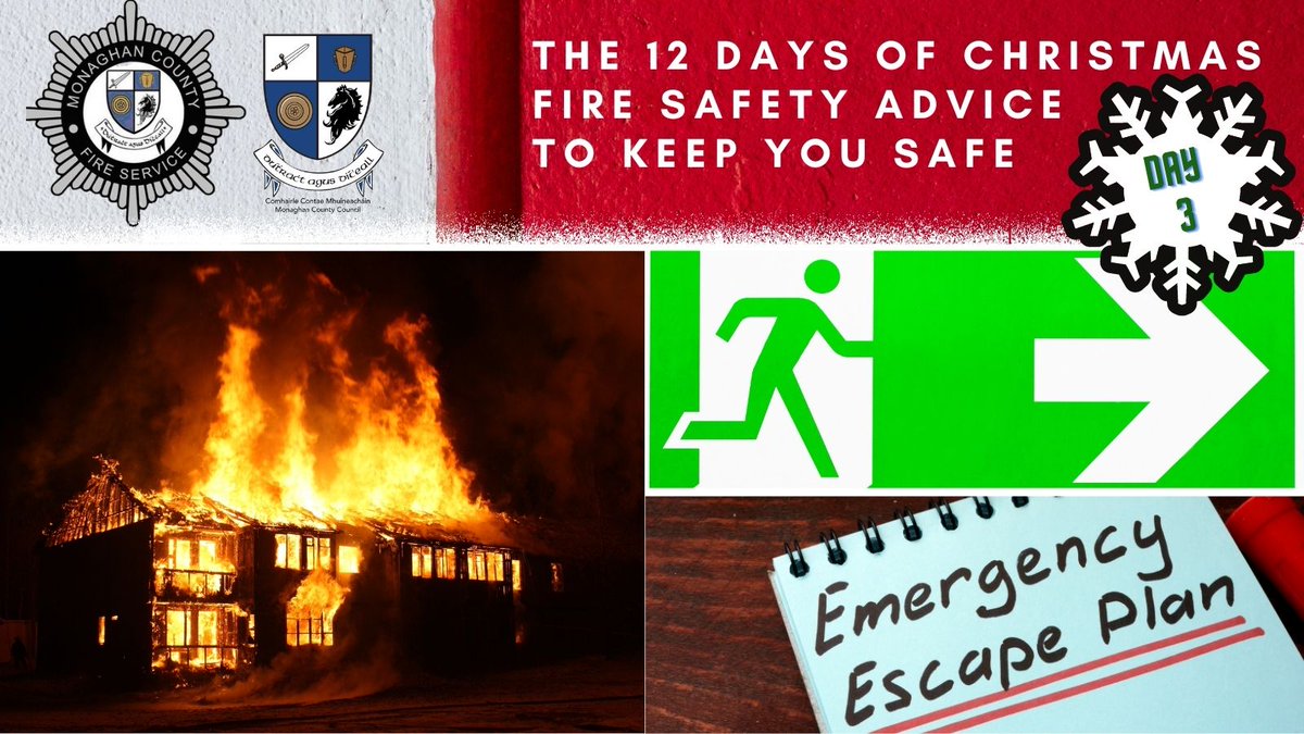 monaghan_fire's tweet photo. 3rd Day of Christmas3rd Day of Christmas…Escape Route &amp; Exit Fire Safety
Think about a fire in your home. If a fire occurs, it is important that you &amp; your family know what to do. Identify escape routes &amp; exits. Practice your escape route. See https://t.co/anqtQCfnEd https://t.co/YlVkypPb86