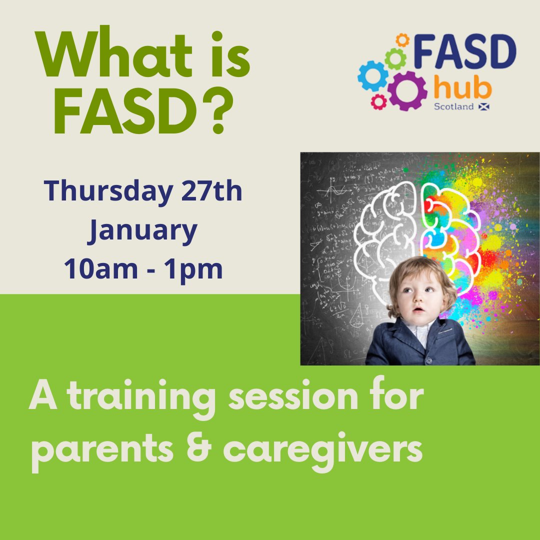 Are you a parent or carer looking for more information about FASD? Join us on Thursday 27th January 10am-1pm.  Free for parents and carers in Scotland, this 3-hour session take a deeper dive into FASD.  Book your place NOW to avoid disappointment!  ow.ly/R2yG50H71Wi