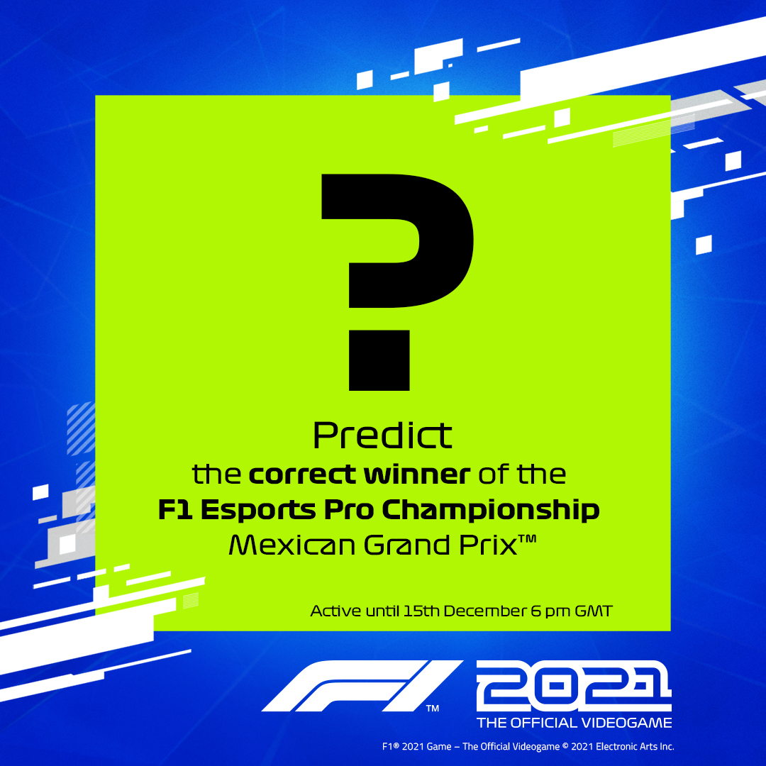 EASPORTSF1's tweet photo. DAY 2: #F1Advent 🎁

Predict the winner of the #F1Esports Pro Championship Mexican Grand Prix! 

Use #F1Advent and #F12021Sweepstakes and if you predict right, you could win an exclusive #F12021game Gift Box

Ends 6pm GMT 15 Dec

Ts &amp; Cs: https://t.co/RWZgcqwIUE https://t.co/ZoL1dDOPAm