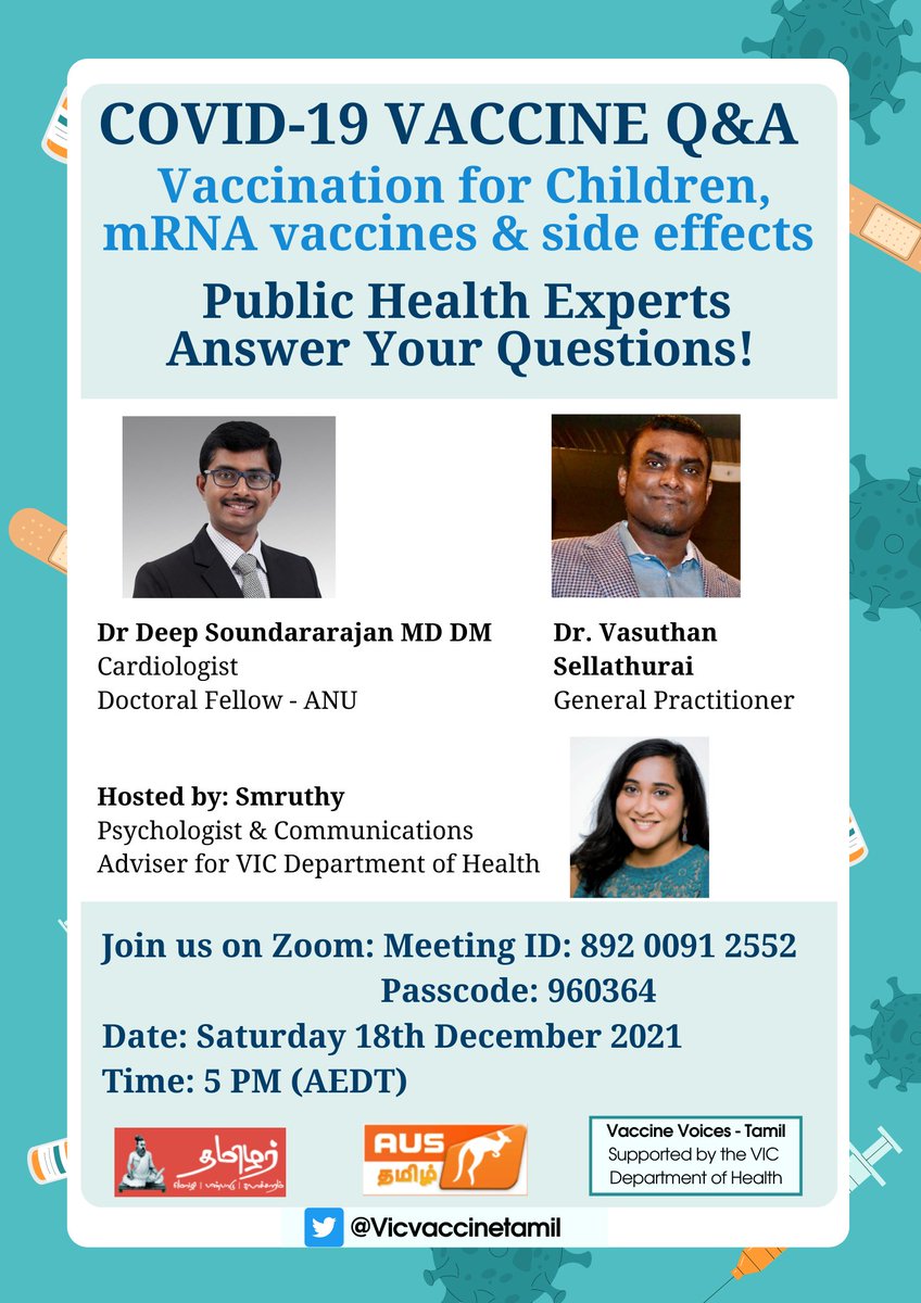 Tamilar Inc and AusTamil TV along with Vaccine Voices - Tamil <a href="/Vicvaccinetamil/">Vic Vaccine Voices Tamil</a> are organising an information Q&amp;A session this Saturday at 5pm on COVID-19 Vaccinations
Information will be in Tamil and simple English. 
All are welcome!
#vaccine #கோவிட்19 #தடுப்பூசி #victoriantamils
