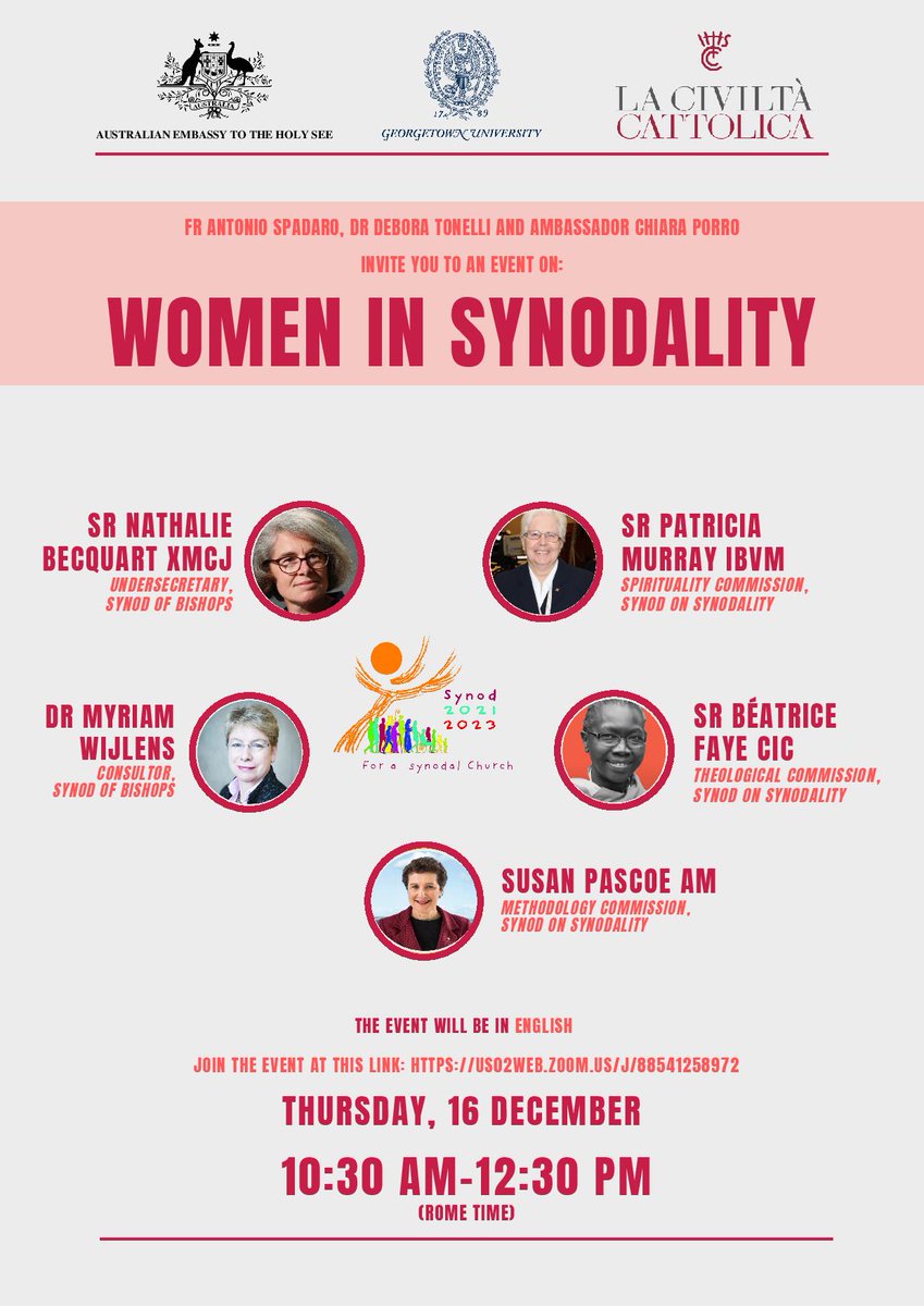 💥TOMORROW at 10:30 AM -  a group of inspiring women (including the UISG Exectutive Secretary, Sr. Pat Murray) will talk about #synodality .
Don't miss it!
👉Join the event via Zoom: us02web.zoom.us/J/88541258972