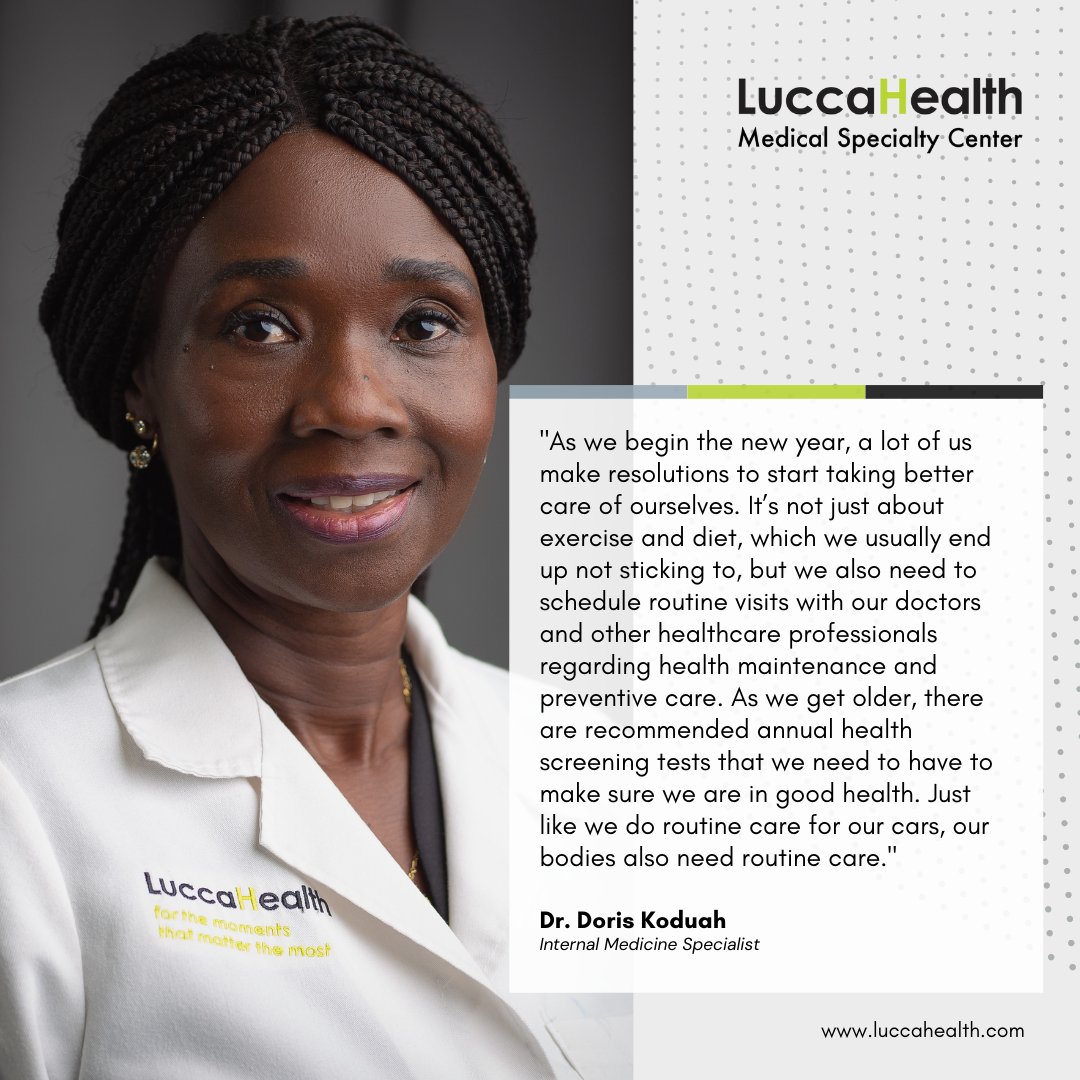LuccaHealthMSC's tweet photo. Made New Year Resolutions yet? As we draw closer to the end of the year and begin a new one, our #InternalMedicine doctor, Dr. Doris Koduah, shares the importance of annual physical exams. (1/2) https://t.co/hf6dZNGtId