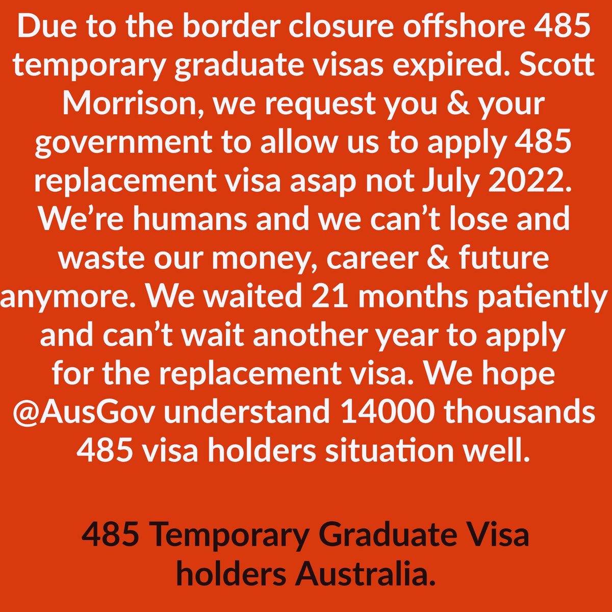 485VisaHolders's tweet photo. @ScottMorrisonMP @AlexHawkeMP @JulianHillMP @NickMcKim @stuartrobertmp @ausgov @hrw @SkyNewsAust @BBCWorld @UKGovNews @SBSNews @UN @BarackObama @9NewsAUS @Greens  @ABCaustralia @AusHumanRights @UNHumanRights @AlJazeera Please look into this matter asap!! https://t.co/iVZPFSW7fe
