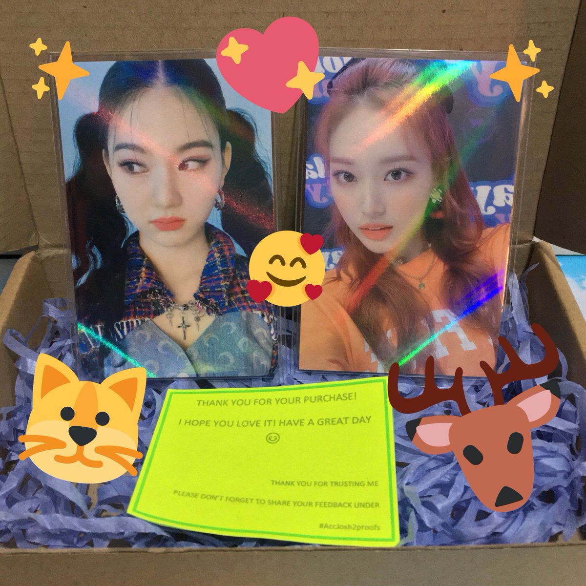 runawaypacy's tweet photo. MY ISA &amp; ZOA HOLO PCs ARE FINALLY HERE 😭💖 tysm much po @AccJosh2 for letting me adopt these 🥺💛! they came home securely packed :") i had a v smooth transaction wityu po + super appreciated the updates <33 will be keeping these safe in my collection ✨

#AccJosh2proofs 💫 https://t.co/aJAPkJu9fz