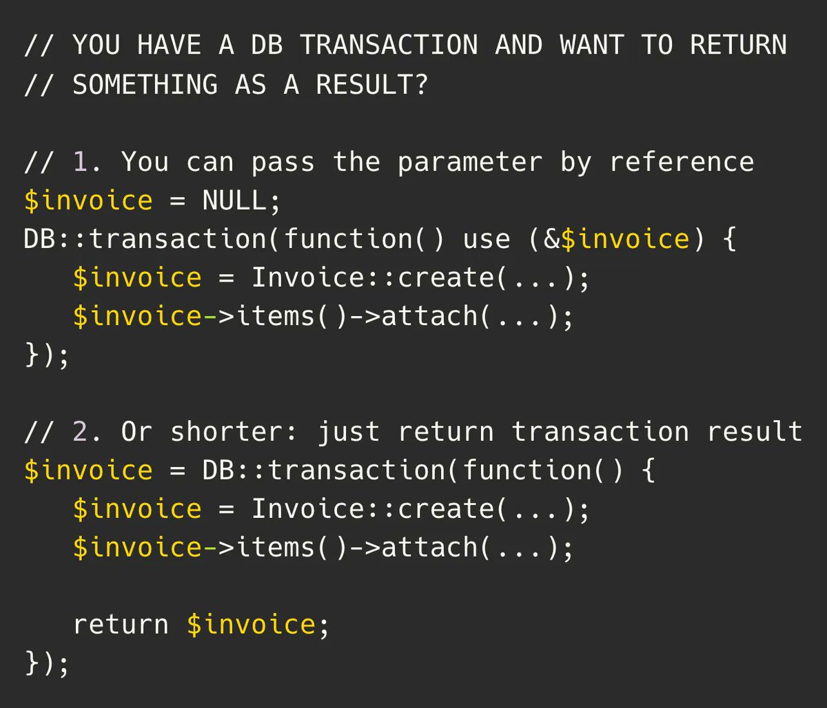 PovilasKorop's tweet image. Laravel tip of the day: if you have a DB transaction and want to return its result, there are at least two ways, see the example.