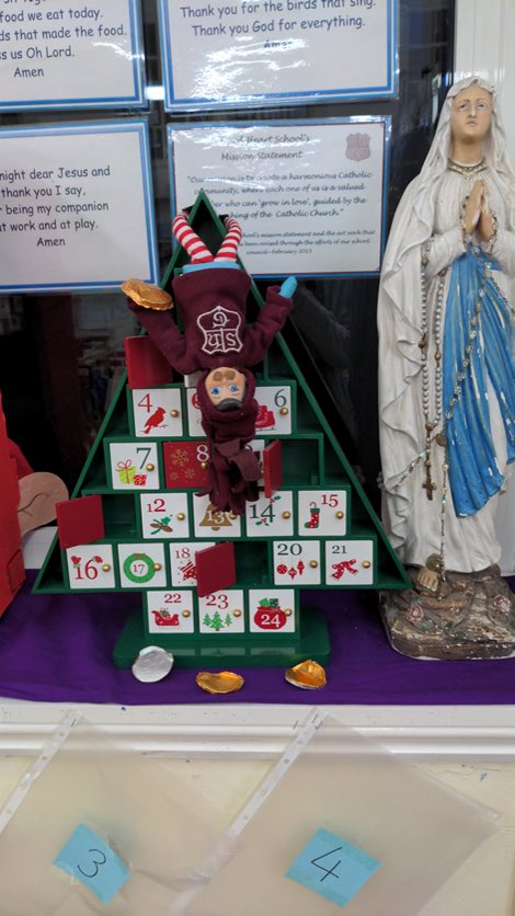 SacredHeartTedd's tweet photo. Naughty Winter the Elf helped himself to an Advent calendar this weekend! Year 2 were not impressed... We'll be keeping a close eye on him from now on... 😂😂#GrowInLove #elfontheshelf #Christmas #SHTedd #Teddington https://t.co/rbxW2EHE7V