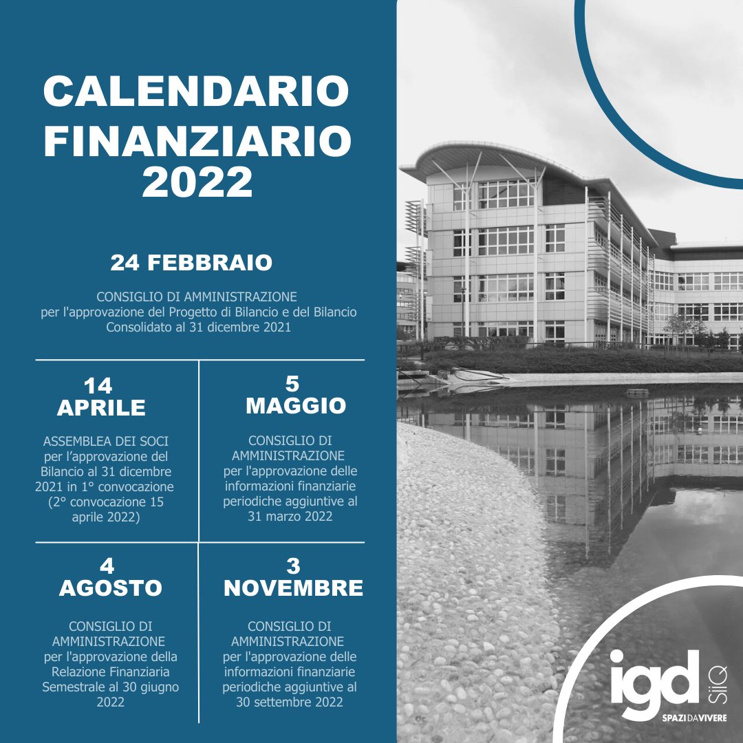 Ieri il CdA di <a href="/igdSIIQ/">IGD SIIQ SPA</a> ha approvato il calendario degli eventi societari 2022.
Di seguito trovate le date oppure potete visitare la pagina del calendario finanziario sul sito web a questo link ➡ gruppoigd.it/investor-relat… e salvare le date degli eventi nel vostro calendario 📅