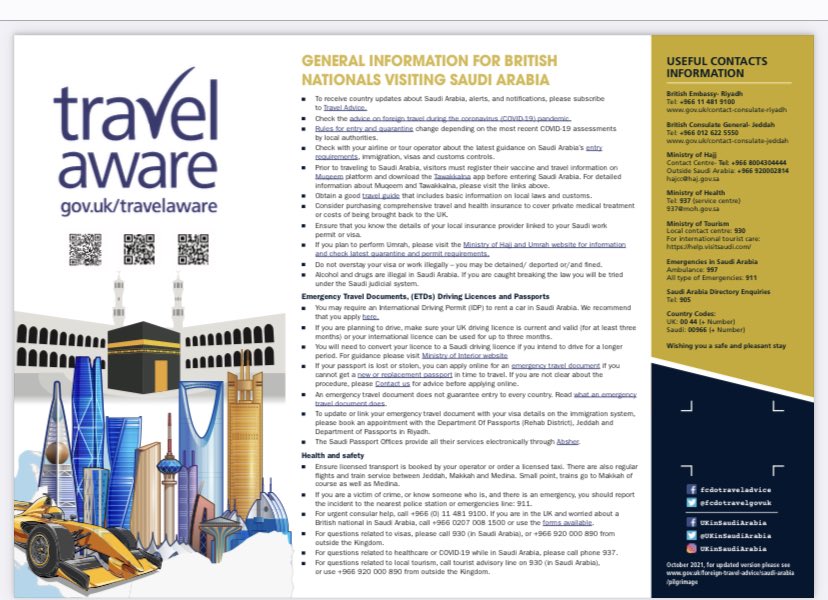UKinSaudiArabia's tweet photo. Traveling to #Saudi Arabia 🇸🇦 ?
✅ Check travel advice                        ✅ Get travel insurance                        ✅ Understand local Covid-19 rules  Check our Travel Advice page https://t.co/OR71e6OS4Q

#BritsinKSA https://t.co/1teg8TlzpT
