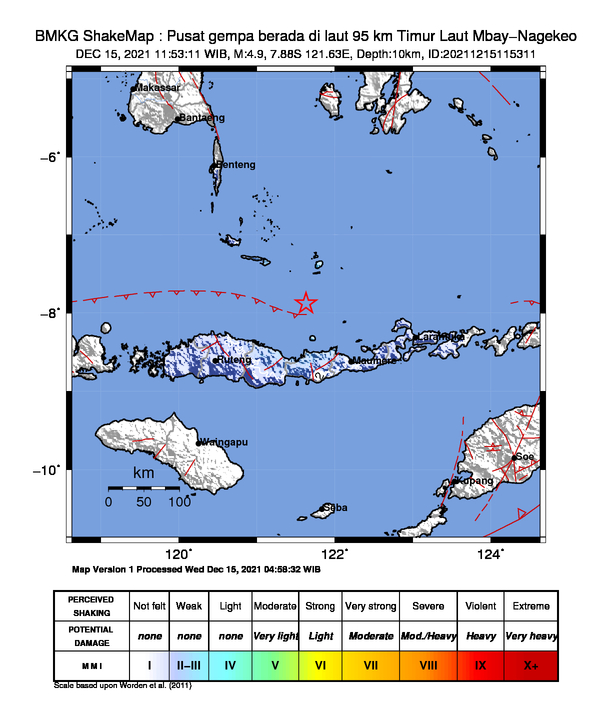 infoBMKG's tweet photo. #Gempa Mag:4.9, 15-Des-21 11:53:11 WIB, Lok:7.88 LS, 121.63 BT (Pusat gempa berada di laut 95 km Timur Laut Mbay-Nagekeo), Kedlmn:10 Km Dirasakan (MMI) III-IV Larantuka, III Selayar, II-III Ende #BMKG https://t.co/41KYD023zy