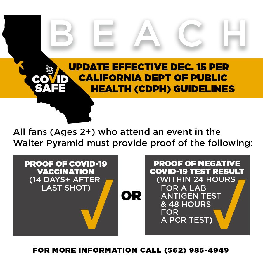 LBSUAthletics's tweet photo. Long Beach State is committed to the safety of our students, fans and staff. Effective December 15th updates to the guidelines include a negative COVID-19 test required within 1 day for an antigen lab test and 2 days for a PCR test prior to an event. https://t.co/PUspgENhRW