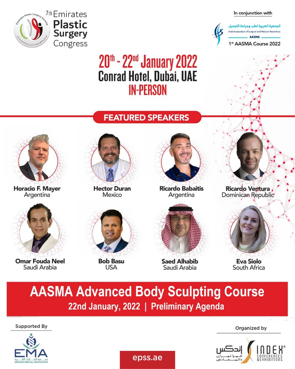 epss_uae's tweet photo. We are thrilled to welcome our renowned experts joining us for the 1st AASMA Course presented at the 7th EPSC in Dubai! Don't miss the AASMA Advanced Body Sculpting Course on Jan. 22nd, 2022!

Register today! https://t.co/M988WFOtqm

#EPSC2022 #EPSS #Speaker #global #EMA #AASMA https://t.co/rNuAZHLHjY