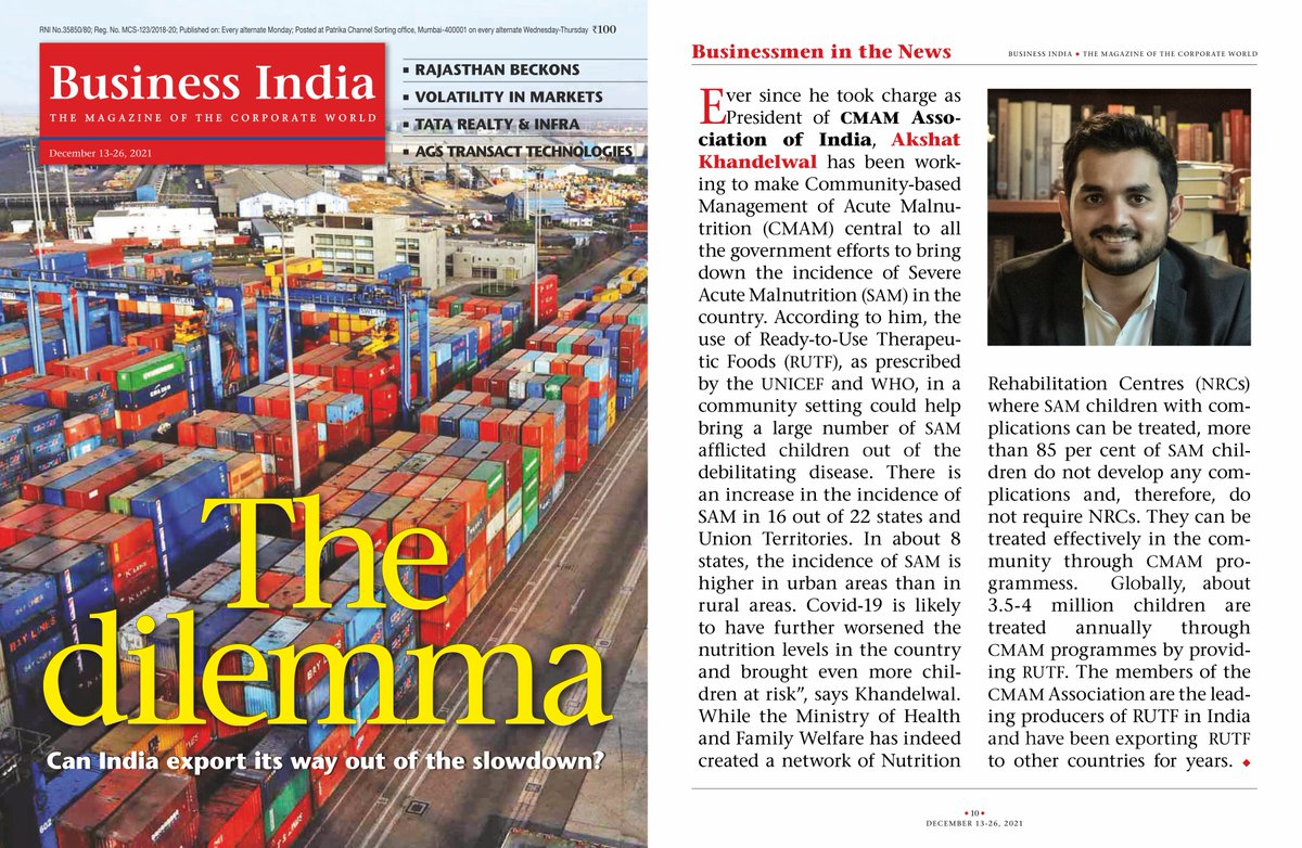 cmamassociation's tweet photo. Mr. Akshat Khandelwal, President CMAM Association of India, has been recognised by Business India as a leader working passionately for addressing malnutrition in the country.
#SAM #CMAM #CMAMIndia #UnitedAgainstSam https://t.co/Dswfo4xlNb