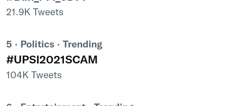 #UPSI2021SCAM
#5 trending in India <a href="/myogiadityanath/">Yogi Adityanath</a> <a href="/UPGovt/">Government of UP</a> <a href="/drdineshbjp/">Dr Dinesh Sharma BJP</a>