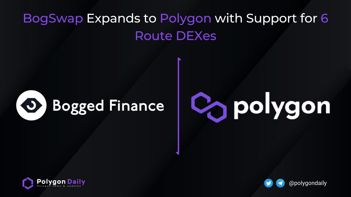 NFTevening's tweet photo. The #BogSwap DEX Aggregator has come to @0xPolygon via @boggedfinance!
It has added support for @QuickswapDEX @Jetfuelfinance @ape_swap @_DFyn @CafeSwapFinance @SushiSwap for the best pools possible. #Polygon is also available for #BogPriceBot π
https://t.co/HnbNyEH5HR
$MATIC https://t.co/c0A5HZ8RYq
