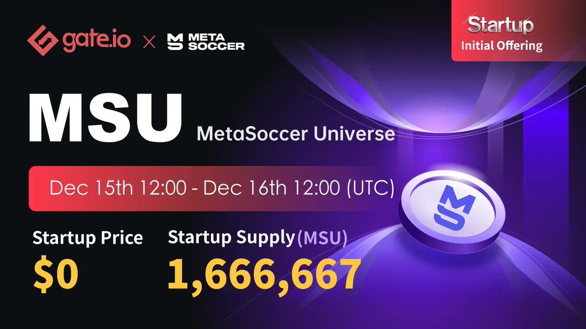 Gate's tweet photo. #Gateio Startup Free Offering @MetaSoccer_EN

Duration: 12:00, Dec 15th - 12:00, Dec 16th (UTC)

Price: $0
Startup Supply: 1,666,667 $MSU
Trading: 02:00, Dec 17th (UTC)

Participate: https://t.co/8CB9Kyanmi
Details: https://t.co/b1syxFNfNf

#Startup #MetaSoccer https://t.co/fqz2miMqVF