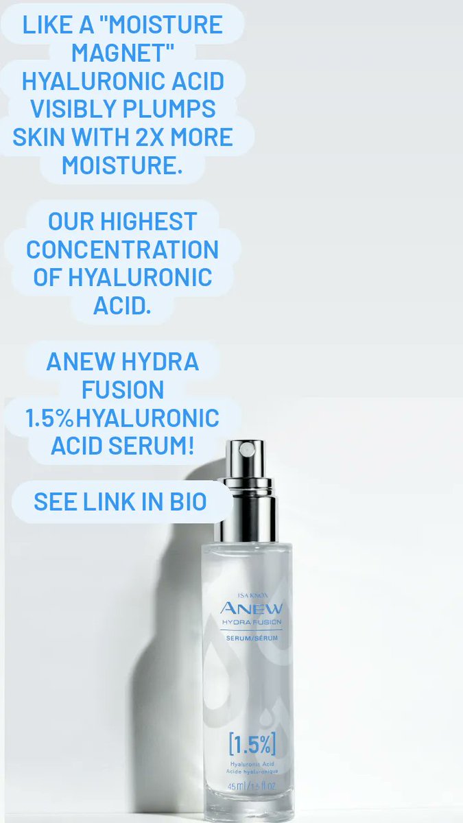 BGsbeautycare's tweet photo. Hyaluronic acid visibly plumps skin with 2x more moisture.
Our highest concentration of hyaluronic acid.
Anew Hydra Fusion 1.5%Hyaluronic Acid Serum!
https://t.co/iv311YeKCE
#avon #anew #hydrafusion #hyaluronicacid #serum #boxingday #sales
#brigittesbeautycare https://t.co/ofl1k7d30L