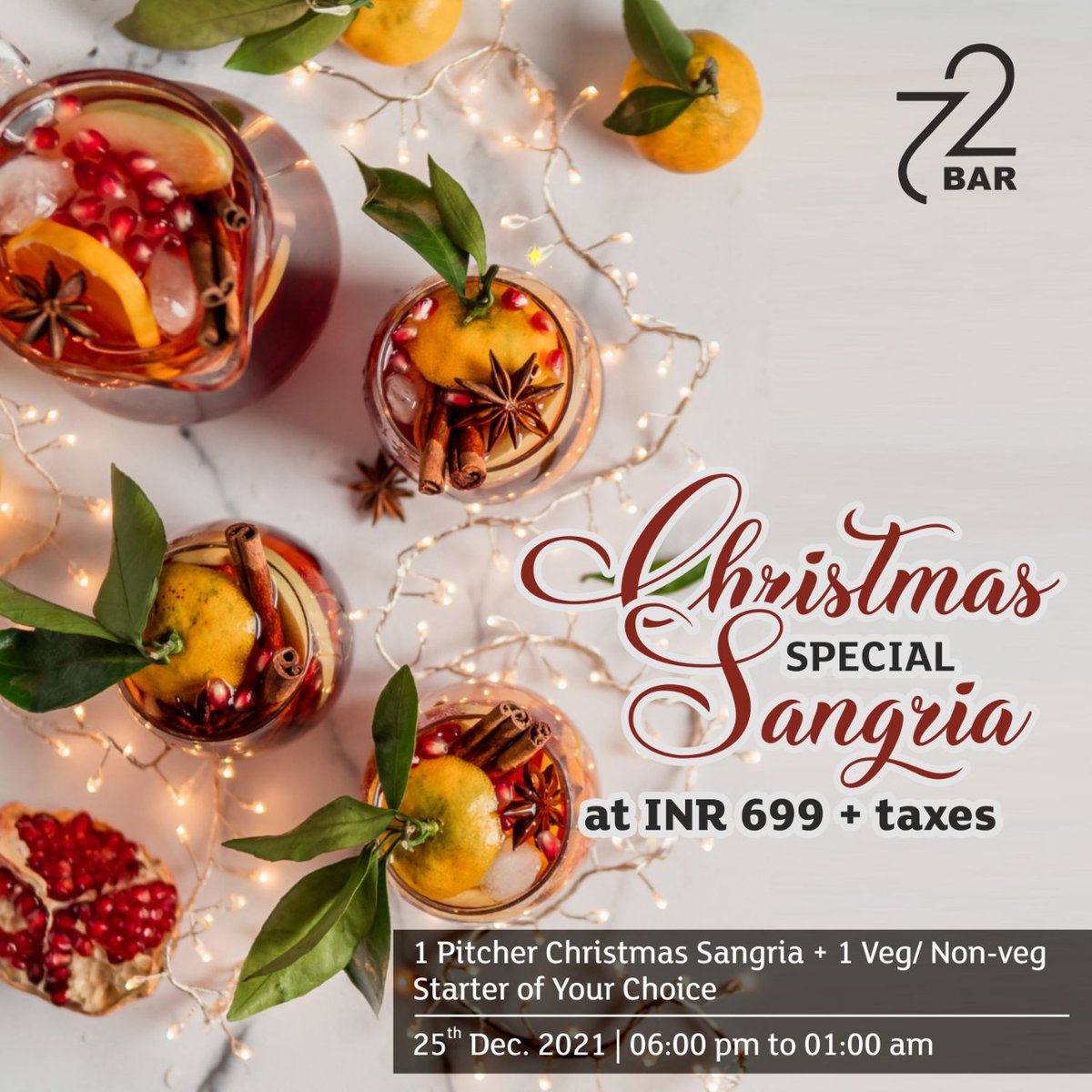 If you love #Sangria as much as we do. Then you simply cannot resist our Christmas special offer.
1 pitcher of our special Sangria with 1 veg or non-veg starter of your choice. Call 9730843256

#Bar72 #SpecialSangria #ChristmasSangria  #cocktails #sangriatime  #sangrialovers