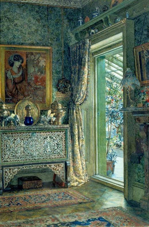 artinsociety's tweet photo. Anna Alma-Tadema, teenaged daughter of the more famous Lawrence, shows her prodigious talent in these views of the Drawing Room at 1A Holland Park and her father’s library at Townsend House (1880s) https://t.co/atZB12dmdF