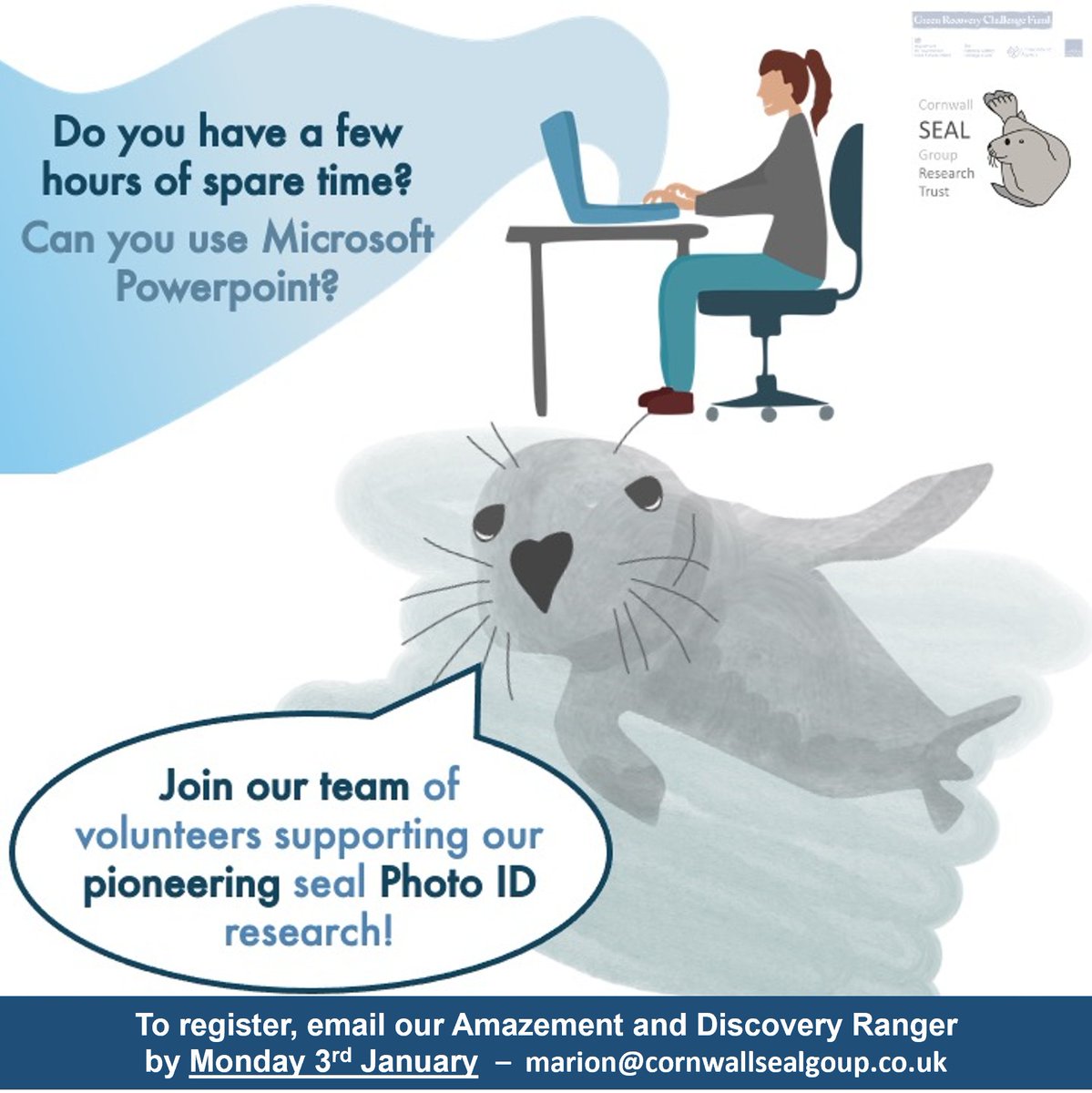 Join our incredible network of citizen scientist volunteers!

If you use Microsoft Powerpoint and have an interest in marine conservation, you can help us build a clearer picture of the lives of wild seal individuals for policy and planning.

Marion@cornwallsealgroup.co.uk