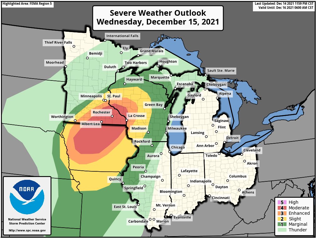 Another severe weather outbreak is expected today across the Upper Mississippi Valley ahead of a strong cold front. Many storms will produce damaging winds, heavy downpours, and hail. Tornadoes are also expected especially from Iowa into southern Minnesota. https://t.co/qUwyqYNuXc