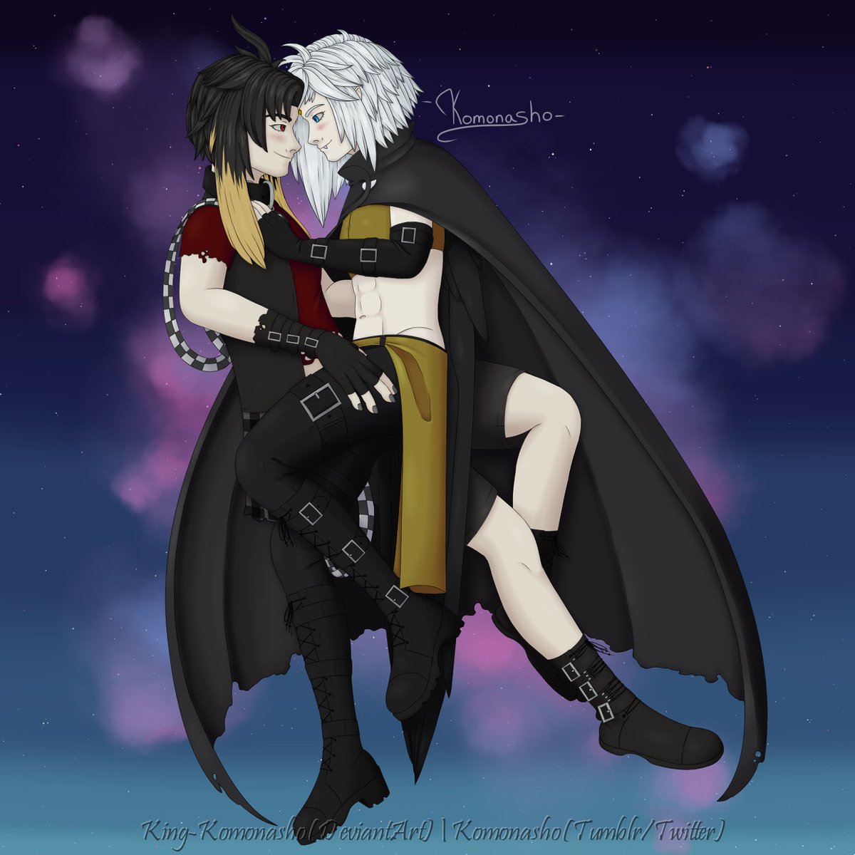 Komonasho's tweet photo. Hello! I'm Komo; it's hard for me to choose a username, so I just use one of my OC's names. I mainly draw my OCs, and rarely draw fanart. It's easy for me to get distracted by video games.
Drawing below of my boys Ethan and Komo. https://t.co/lJqCNPg7Of