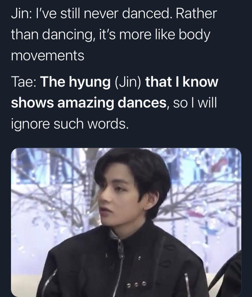 taejinstrawbery's tweet photo. no cause I will actually cry you don't understand Taehyung is so protective of Seokjin he will never let Jin feel an ounce of self doubt no cause he loves him so much he will even fight Seokjin to tell Seokjin how talented he is ಥ‿ಥ https://t.co/YNdpA3O1Av