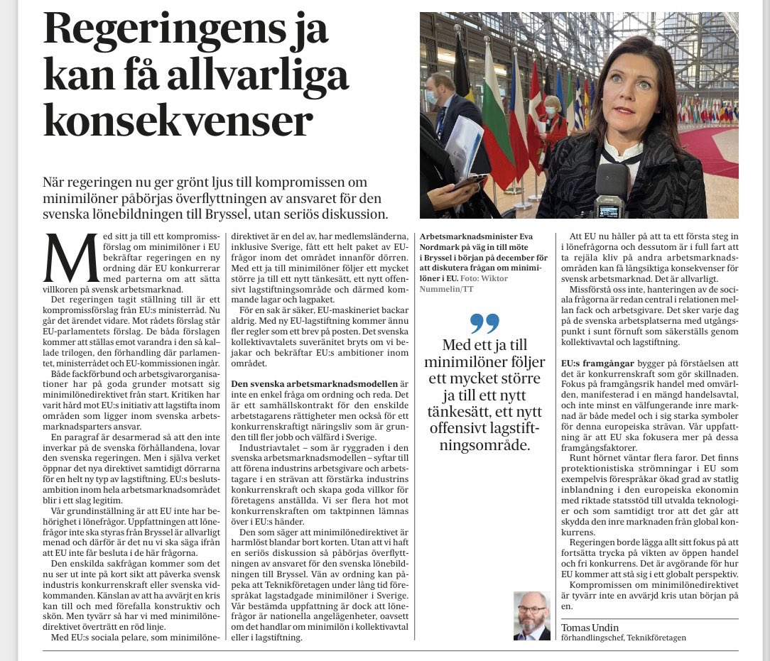 antongrahm's tweet photo. Minimilönedirektivet ser ut att bli harmlöst för svensk del. Men vad händer vid en framtida revidering? Vad innebär det att EU tangerar lönefrågor? En sak är i alla fall säker, EU-maskineriet backar aldrig. Viktig artikel från @teknikforetagen förhandlingschef https://t.co/OFtRBN34N0
