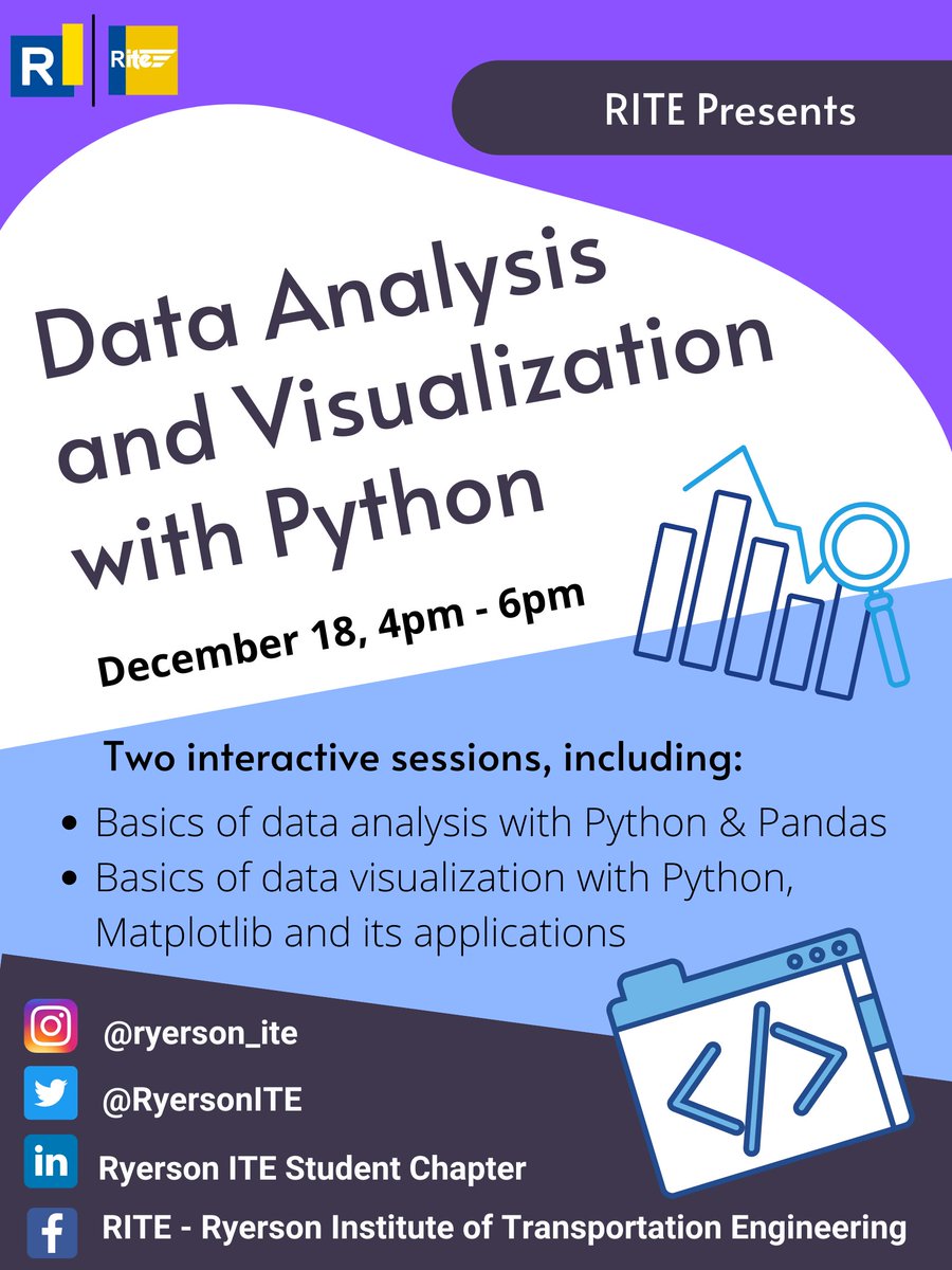 RITE is offering a Data Analysis and Visualization with Python workshop on December 18th, 2021 from 4PM to 6PM! The workshop is presented by Saba Sabet, a PhD candidate in the transportation engineering program at Ryerson University.

Register here:
forms.gle/42GrKSRJT7Ajea…
