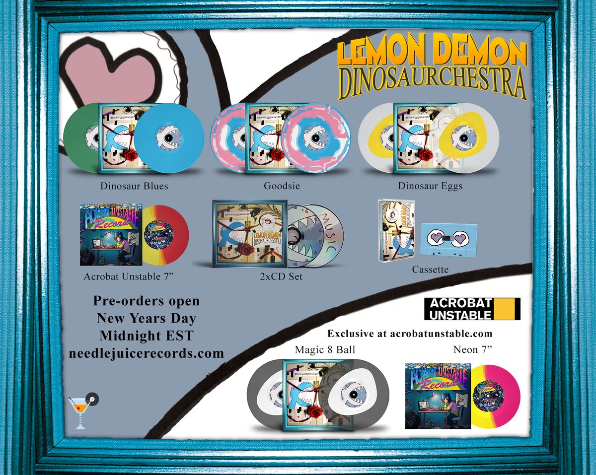 needlejuicerec's tweet photo. 🦖Lemon Demon - Dinosaurchestra🎷
Features "The Ultimate Showdown"
Vinyl, CD, Tape, Acrobat Unstable 7" + Spirit Phone restock
Pre-orders open 1/1 at https://t.co/ni03kSNXEZ
+ Exclusive Magic 8 Ball and Neon 7" at https://t.co/8doG97AuBj https://t.co/8fcERbn6qk