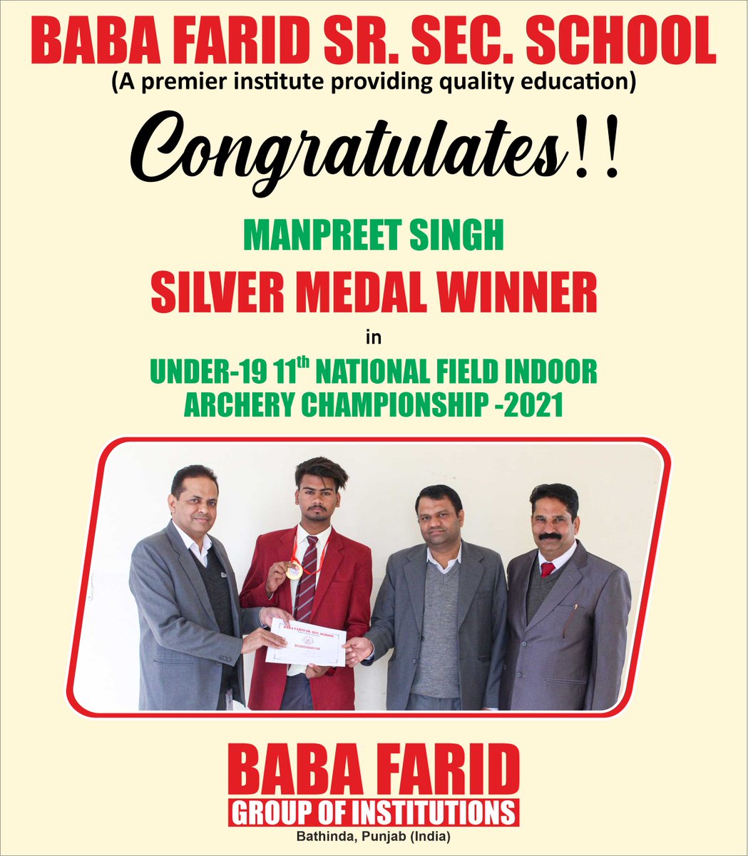 BabaFaridGroup's tweet photo. A Big Congratulations to Manpreet Singh from 10+1 Arts on winning Silver medal in under-19 "11th National Field Indoor Archery Championship 2021" held at Lucknow.
We wish you all the best for your future Championships.
#BFGI #BFSSS #SilverMedal #Archery https://t.co/XIZmVecqQm