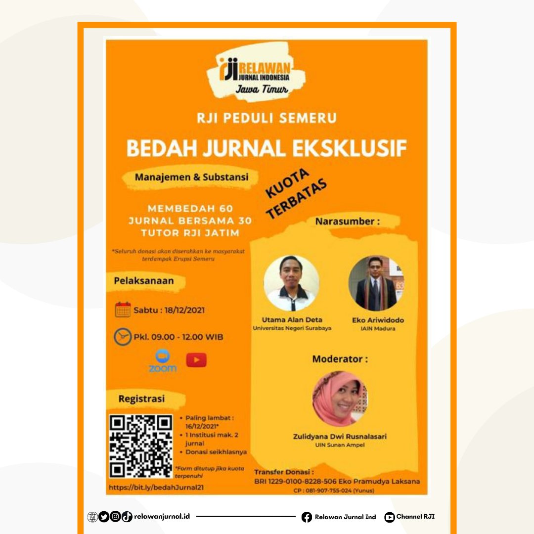 relawanjurnalid's tweet photo. Bedah Jurnal Eksklusif : Subtantif dan Tatakelola dalam rangka Galang Dana oleh Relawan Jurnal Indonesia, Pengurus Daerah Jawa Timur.

Kami membuka kesempatan bagi seluruh pengelola jurnal untuk berpartisipasi sembari menyisihkan sebagian rejekinya untuk meringankan beban saudara https://t.co/0a9gjsKeai