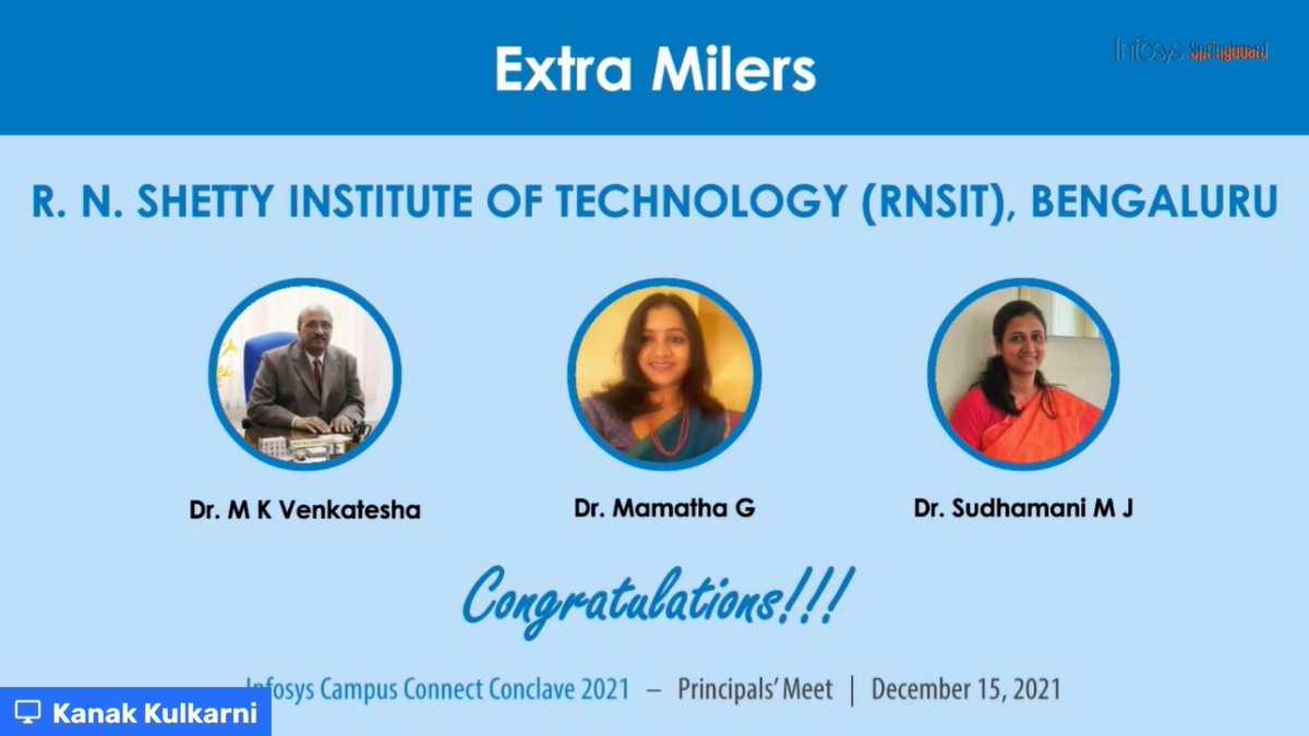 adin_tyson's tweet photo. Congratulations RNS Institute of Technology @RNSIT_Bangalore for being recognised as #Extra_Milers in #InfosysCCConclave #InfosysSpringboard
@Infosys @t_aarohi @padma8376 https://t.co/ROCsmixubc