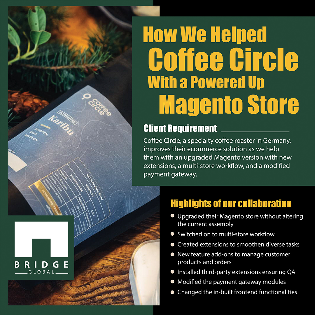 Bridge_Tweed's tweet photo. Find out how our #agile software development team helped @coffee_circle, a Berlin coffee roasting company, in getting an enhanced #Magento #ecommerce solution. https://t.co/WP3FklWOxp

#Magento2 #MagentoDevelopers #magentodevelopment #magentodevelopmentcompany #BridgeGlobal https://t.co/MPJd7mBqwD