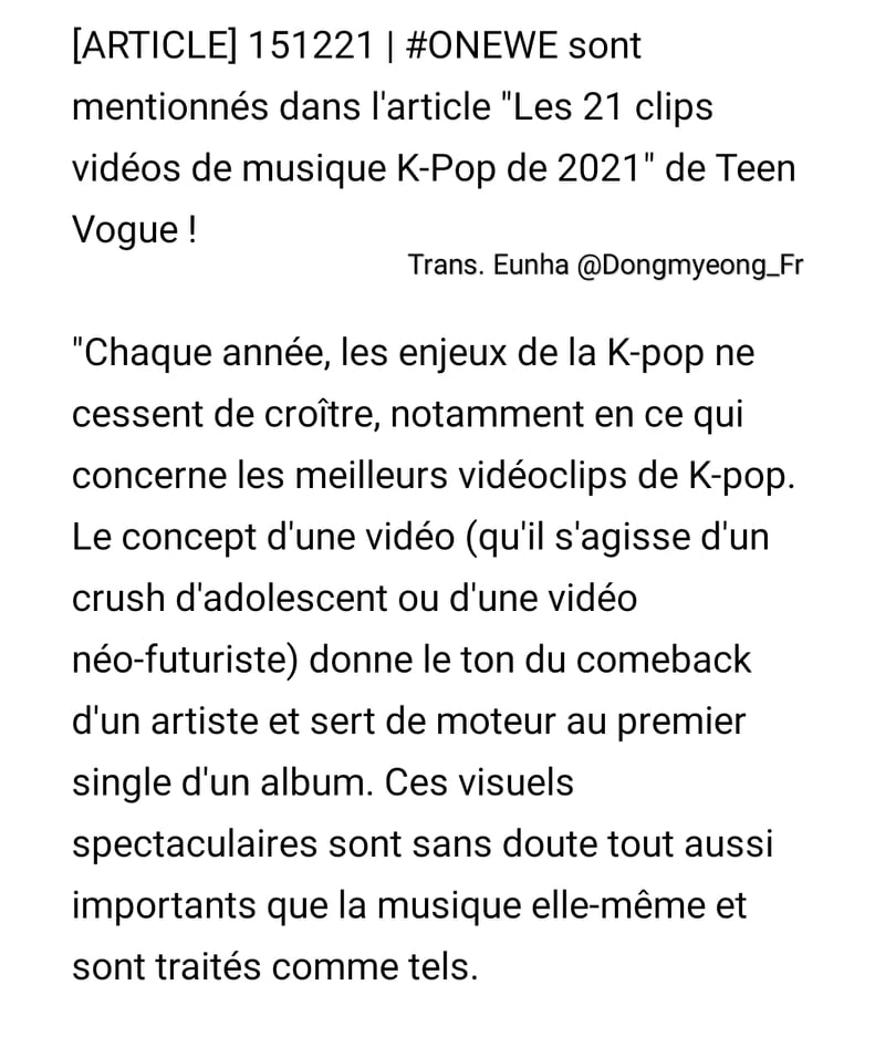 FanDongmyeongFr's tweet photo. [ARTICLE] 151221 | #ONEWE sont mentionnés dans l'article "Les 21 meilleurs clips vidéos de musique K-Pop de 2021" de Teen Vogue !

Traduction ⤵️

Cr. @official_ONEWE
Trans. -Eunha
#원위 #RainToBe https://t.co/Sh7fQbhJ9p