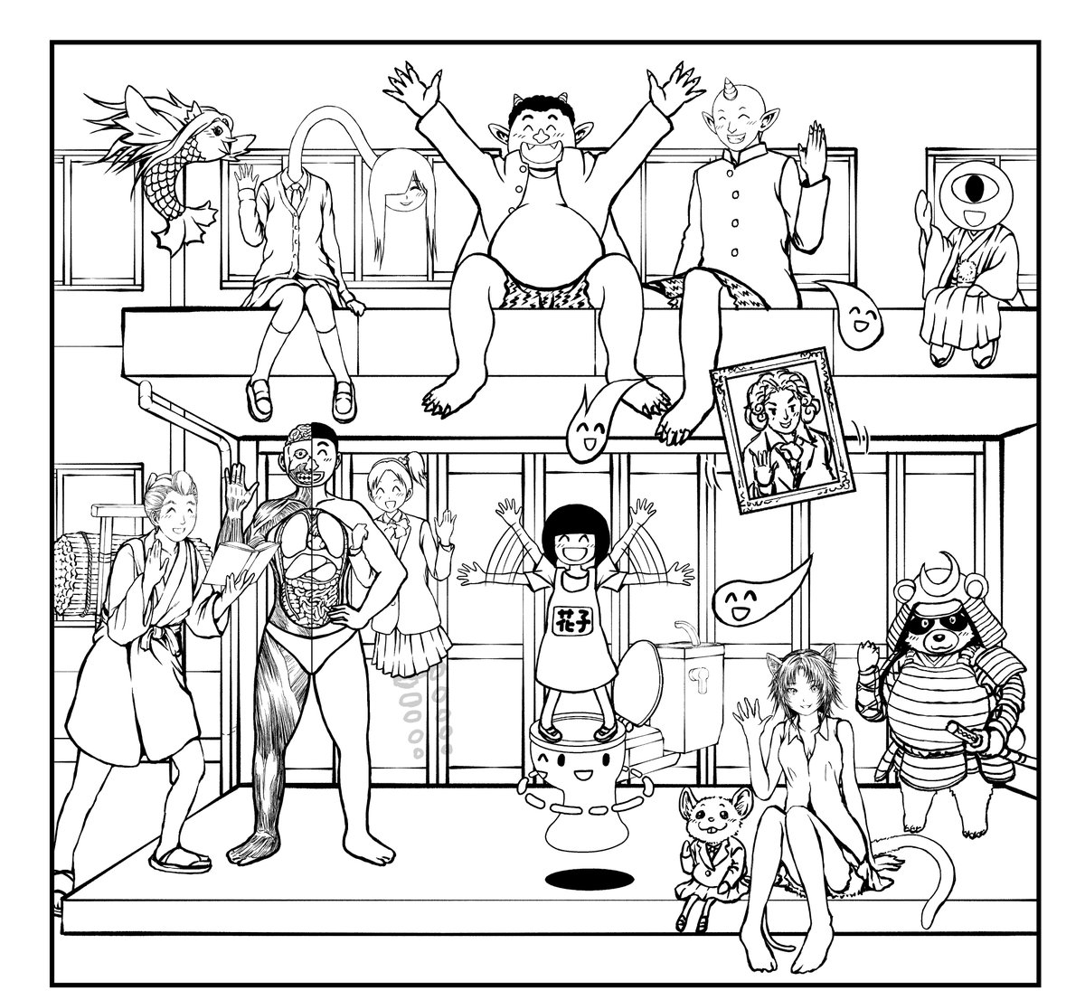現状8です。
むしゃタヌキとねずみむすめとアマビエと火の玉と花子さんの手を描きました。
落ち武者は頭から血を流し矢がささっているためやっぱり描くのをやめました。
たぶんこのコマの妖怪(幽霊)はこれ以上増やさないと思います。手とか変なとこ直したり足りないとこ追加して仕上げる予定です。