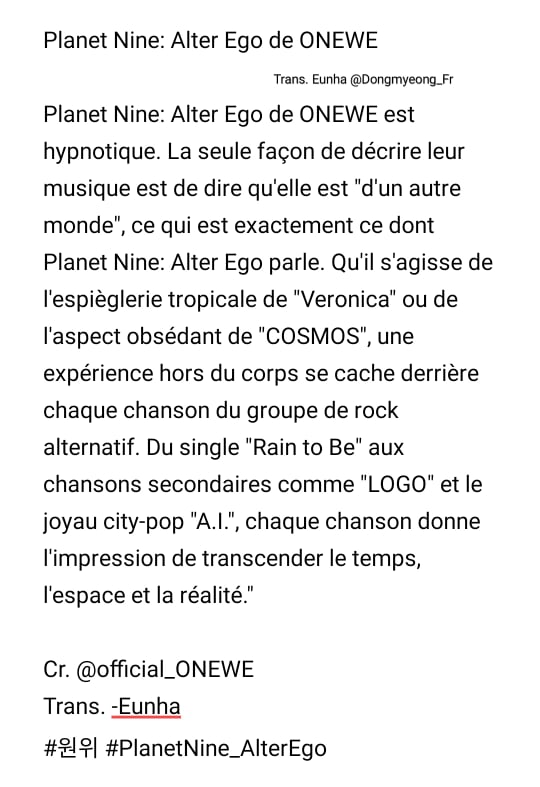 FanDongmyeongFr's tweet photo. [ARTICLE] 151221 | #ONEWE sont mentionnés dans l'article "Les 15 meilleurs albums de K-Pop de 2021" de Harper's BAZAAR !

Traduction ⤵️

Cr. @official_ONEWE
Trans. -Eunha
#원위 #PlanetNine_AlterEgo https://t.co/2soo8fYeDU